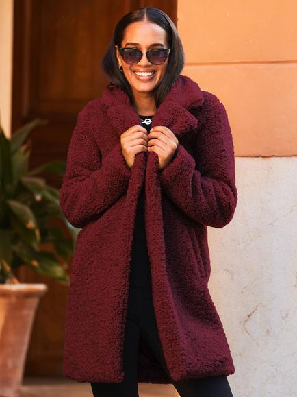 Sosandar Super Cosy Borg Coat, Burgundy - view 2, Burgundy