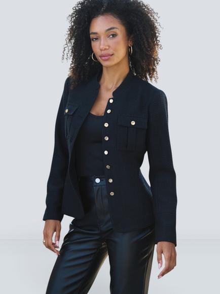 Sosandar Boucle Mandarin Collar Jacket, Black, Black