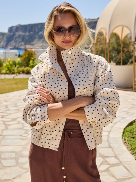 Sosandar Polka Dot Funnel Neck Denim Jacket, Cream, Cream