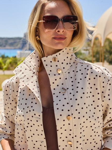 Sosandar Polka Dot Funnel Neck Denim Jacket, Cream - view 2, Cream