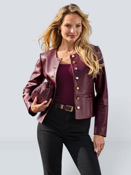 Sosandar Collarless Faux Leather Jacket, Burgundy, Burgundy
