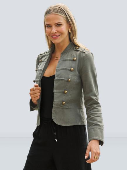Sosandar Gold Button Detail Military Jacket, Khaki Green, Khaki Green