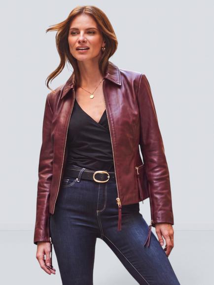 Sosandar Zip Detail Collared Leather Jacket, Burgundy, Burgundy