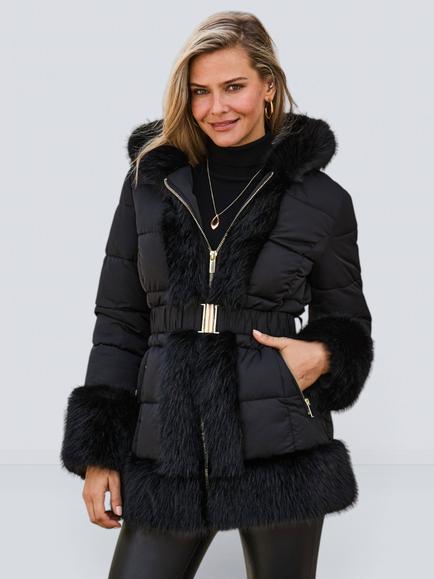 Sosandar Faux Fur Trim Padded Coat, Black, Black