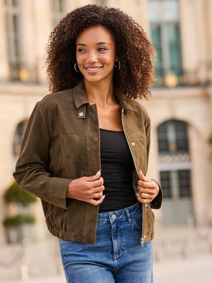 Sosandar Suede Bomber Jacket, Khaki Green - view 2, Khaki Green