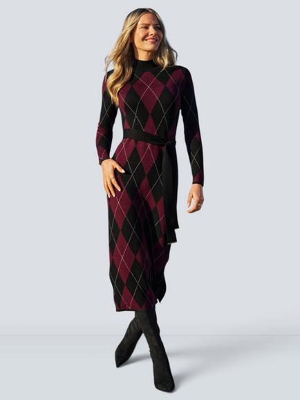 Sosandar Argyle Roll Neck Knitted Dress, Plum, Plum