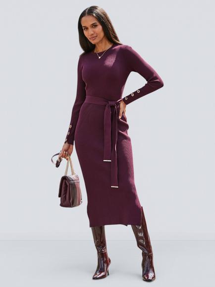 Sosandar Belted Knit Midi Dress, Burgundy, Burgundy