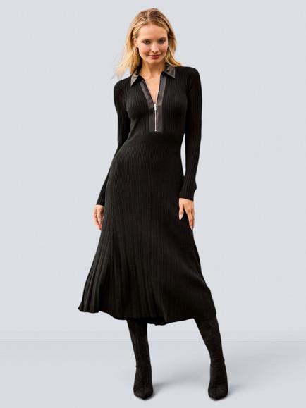 Sosandar Knitted Fit & Flare Faux Leather Trim Dress, Black, Black