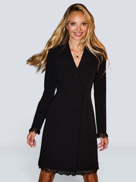 Sosandar Cinched Waist Lace Trim Blazer Dress, Black, Black