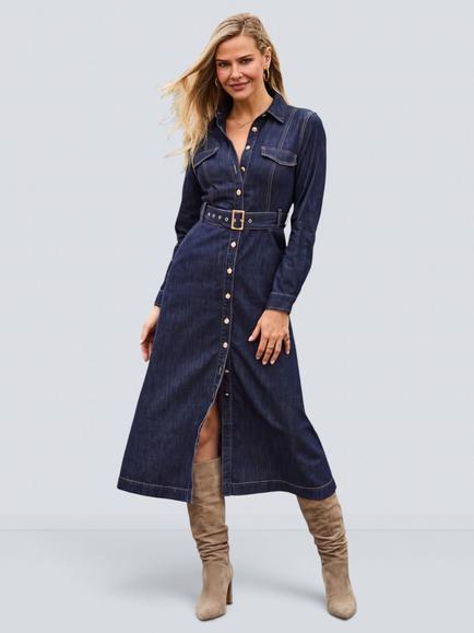 Sosandar Button Front Fit & Flare Denim Dress, Indigo Blue, Indigo Blue