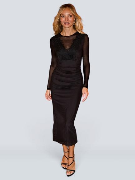 Sosandar Lace Detail Ruched Mesh Dress, Black, Black