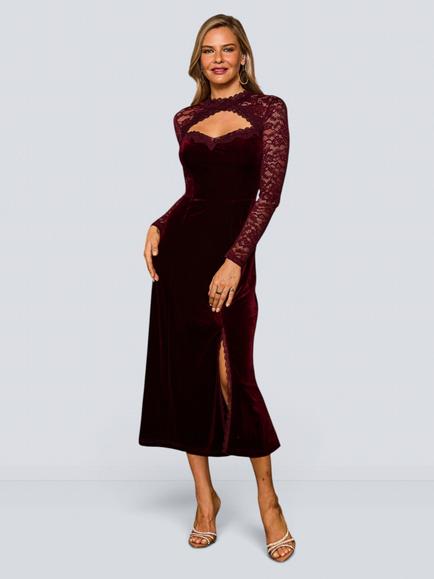 Sosandar Lace Detail Velvet Keyhole Detail Dress, Burgundy, Burgundy
