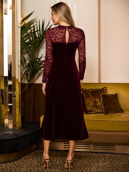 Sosandar Lace Detail Velvet Keyhole Detail Dress, Burgundy - view 2, Burgundy