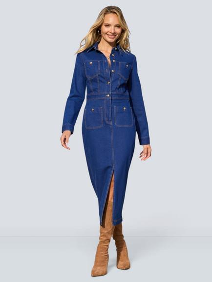 Sosandar Button Front Midi Denim Dress, Mid Blue, Mid Blue