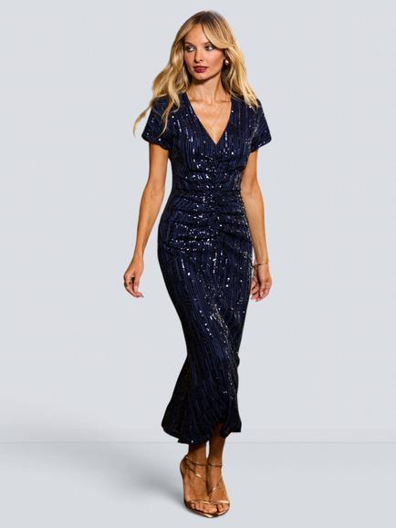 Sosandar Sequin Ruched Front Midaxi Dress, Navy Blue, Navy Blue