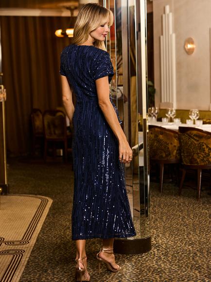 Sosandar Sequin Ruched Front Midaxi Dress, Navy Blue - view 2, Navy Blue
