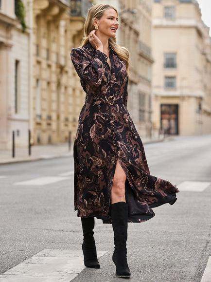 Sosandar Paisley Shirt Dress, Brown - view 2, Brown