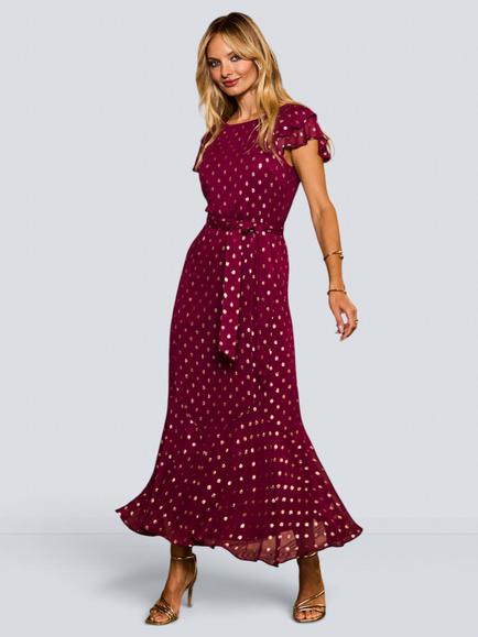 Sosandar Petite Metallic Spot Print Midaxi Dress, Burgundy, Burgundy