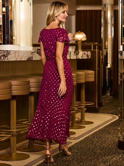 Sosandar Petite Metallic Spot Print Midaxi Dress, Burgundy - view 2, Burgundy