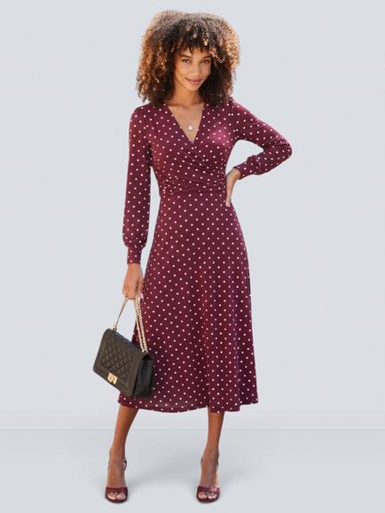 Sosandar Polka Dot Print Twist Front Dress, Burgundy, Burgundy