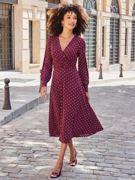 Sosandar Polka Dot Print Twist Front Dress, Burgundy - view 2, Burgundy
