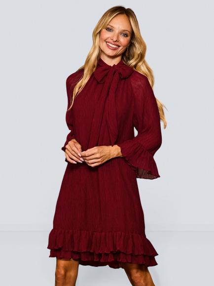 Sosandar Plisse Tie Neck Blouson Sleeve Shift Dress, Red, Red