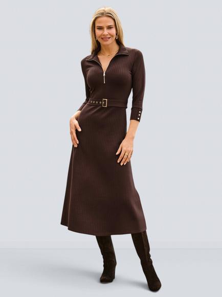 Sosandar Ribbed Zip Front Fit & Flare Dress, Chocolate Brown, Chocolate Brown