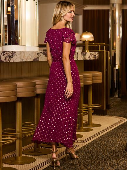 Sosandar Metallic Spot Frill Hem Midaxi Dress, Burgundy - view 2, Burgundy