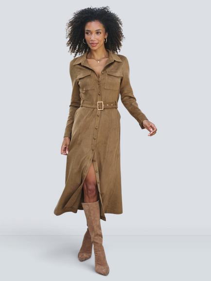 Sosandar Faux Suede Shirt Dress, Tan, Tan