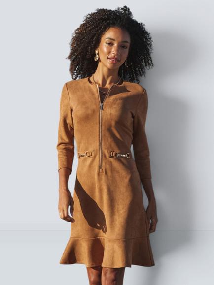 Sosandar Faux Suede Zip Front Dress, Tan, Tan