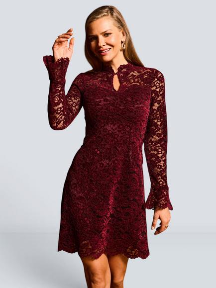 Sosandar Velvet Lace Madarin Collar Mini Dress, Burgundy, Burgundy