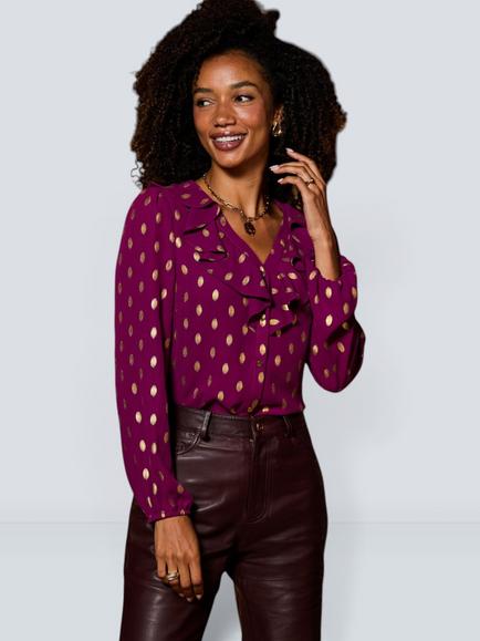 Sosandar Fleck Print Ruffle Front Blouse, Magenta/Gold, Magenta/Gold