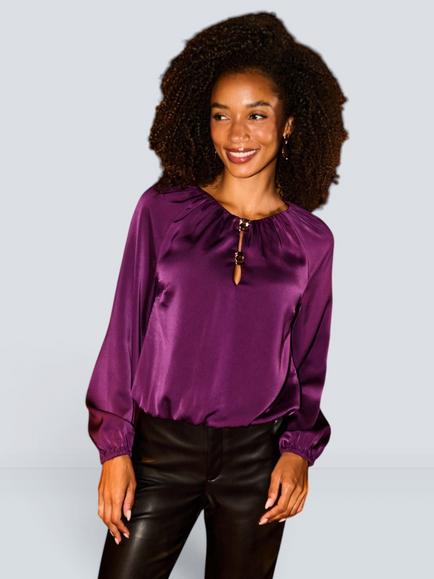 Sosandar Satin Keyhole Detail Blouse, Magenta, Magenta