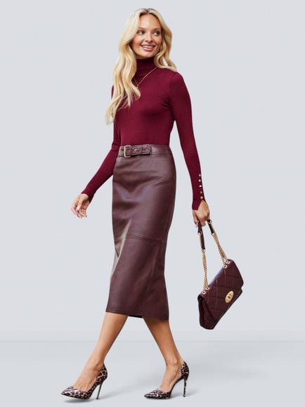 Sosandar Leather Panelled Pencil Midi Skirt, Burgundy, Burgundy