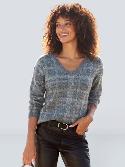 Sosandar Check Print Knitted V-Neck Jumper, Grey, Grey