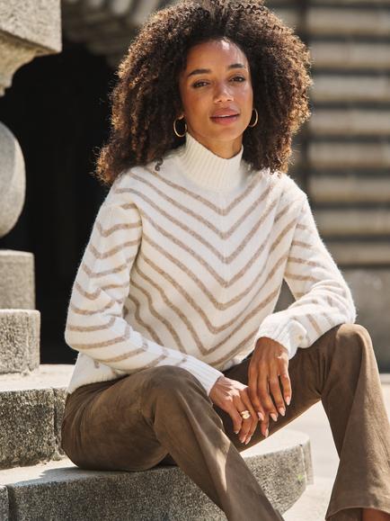Sosandar Chevron Stripe Roll Neck Jumper, Taupe/Cream - view 2, Taupe/Cream