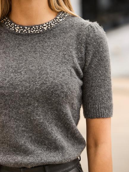 Sosandar Embellished Neck Short Sleeve Jumper, Charcoal Grey - view 2, Charcoal Grey