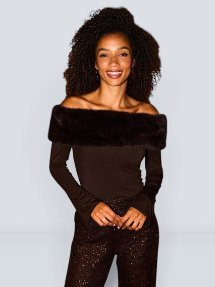 Sosandar Detachable Faux Fur Trim Bardot Top, Chocolate Brown, Chocolate Brown