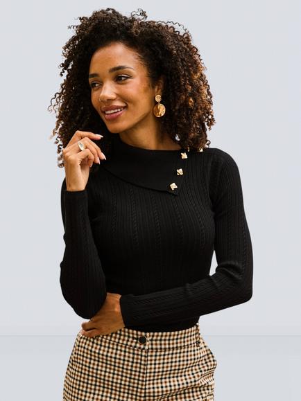 Sosandar Asymmetrical Neck Cable Knit Top, Black, Black