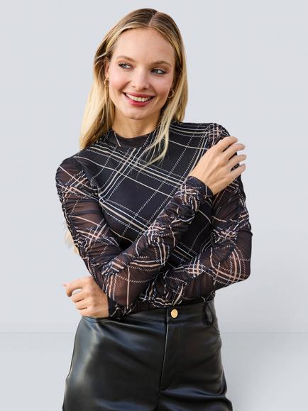 Sosandar Check Mesh Long Sleeve Top, Black, Black