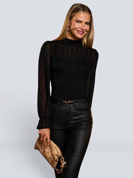 Sosandar Mesh Sweetheart Neck Top, Black, Black