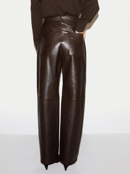 Jigsaw Leather Barrel Leg Trousers, Brown - view 2, Brown