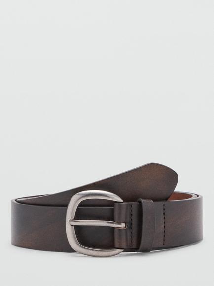 Mango Sculpted Buckle Leather Belt, Chocolate, Chocolate