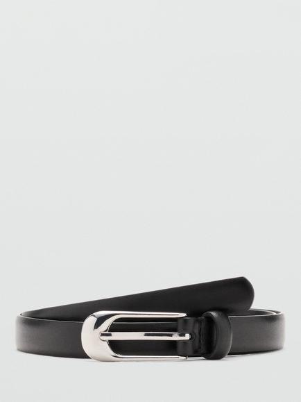 Mango Slim Leather Buckle Belt, Black, Black