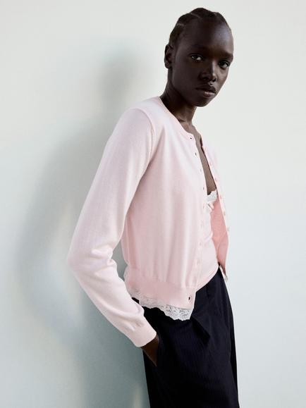Mango Scalloped Lace Trim Round Neck Cardigan, Pastel Pink, Pastel Pink