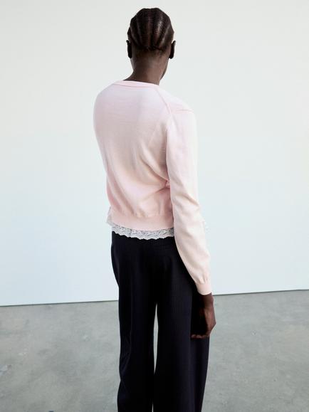 Mango Scalloped Lace Trim Round Neck Cardigan, Pastel Pink - view 2, Pastel Pink