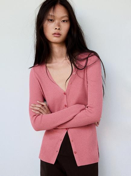 Mango Ribbed Longline Cardigan, Light Pink, Light Pink