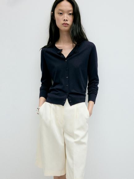 Mango Long Sleeve Button Front Cardigan, Navy