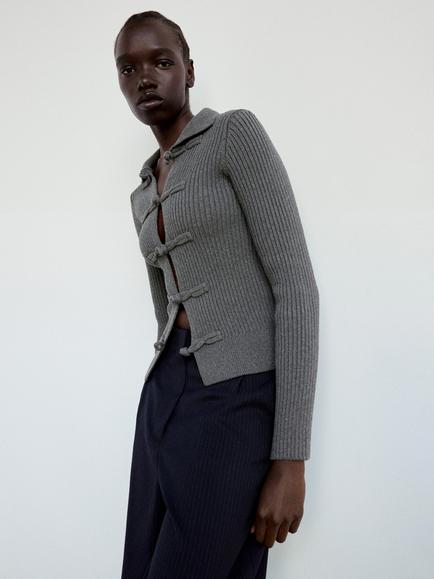 Mango Ribbed Knot Closure Collared Cardigan, Grey, Grey