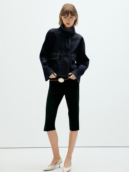 Mango Funnel Neck Cropped Jacket, Dark Blue, Dark Blue